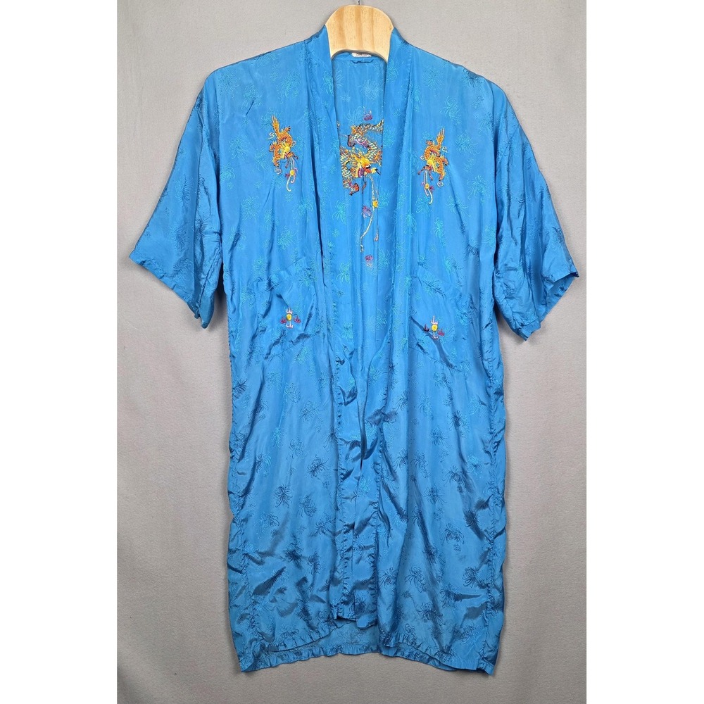 Golden Bee Robe Womens‎ Large Blue Rayon Embroidered Dragon Kimono Loungewear